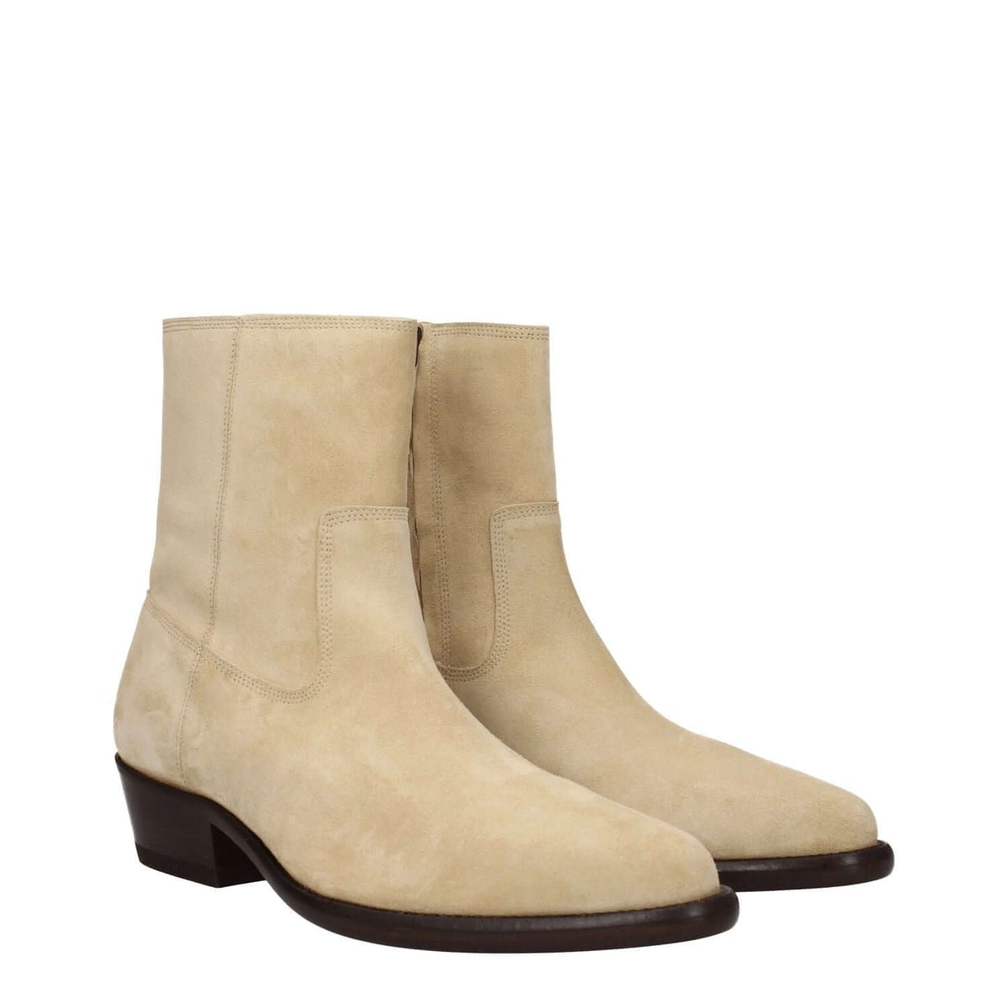 Isabel Marant Beige Leather Ankle Boots with pointy toe and mid heels, suede upper, and leather sole, featuring a zip closure.