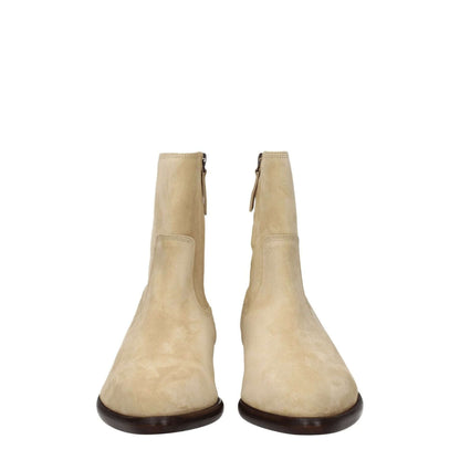 Isabel Marant Beige Leather Ankle Boots with zip closure and pointy toe, suede material, mid heels, view of the front.