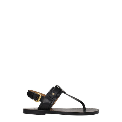 Isabel Marant Black Leather Flip-Flop Sandals with buckle closure, studs, and open toe design, featuring a casual style and low flat heel.
