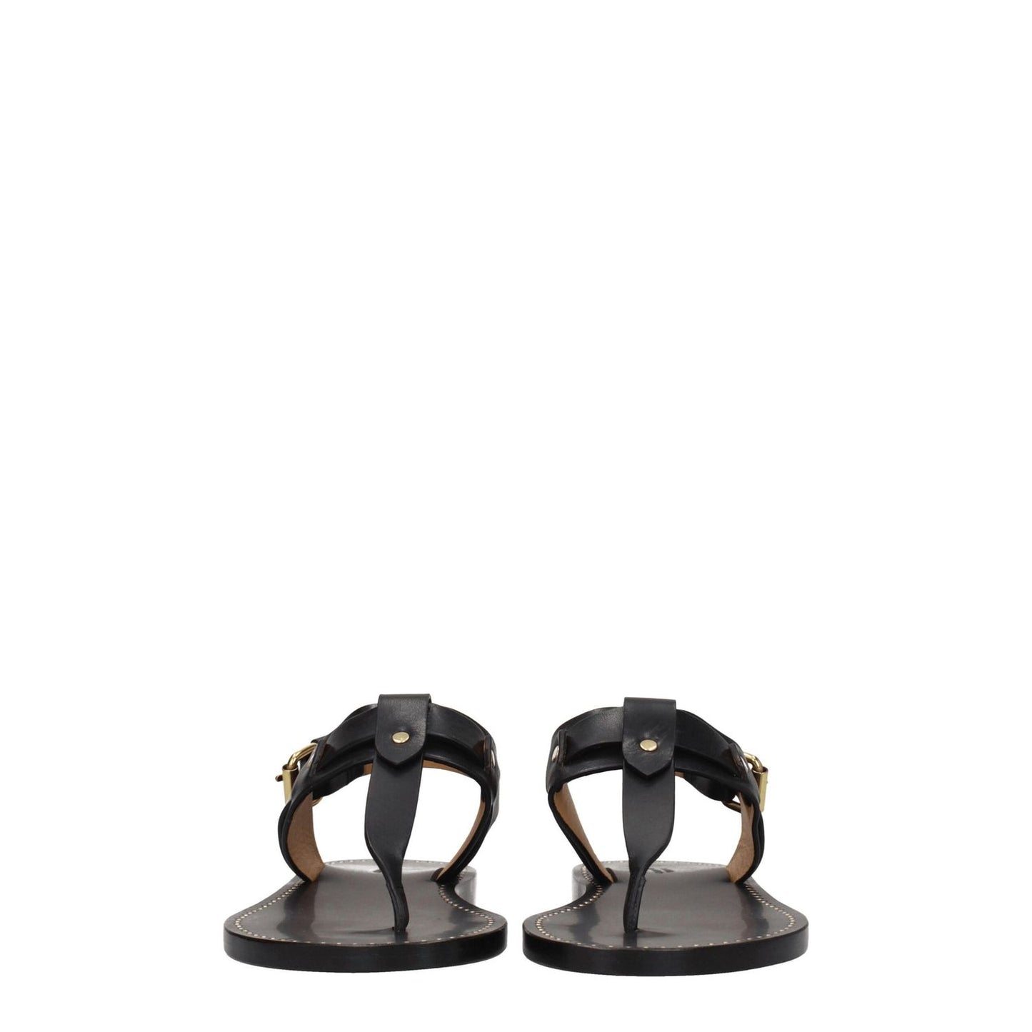 Isabel Marant Black Leather Flip-Flop Sandals with stud details, open toe, buckle closure, low flat heel, viewed from the back.