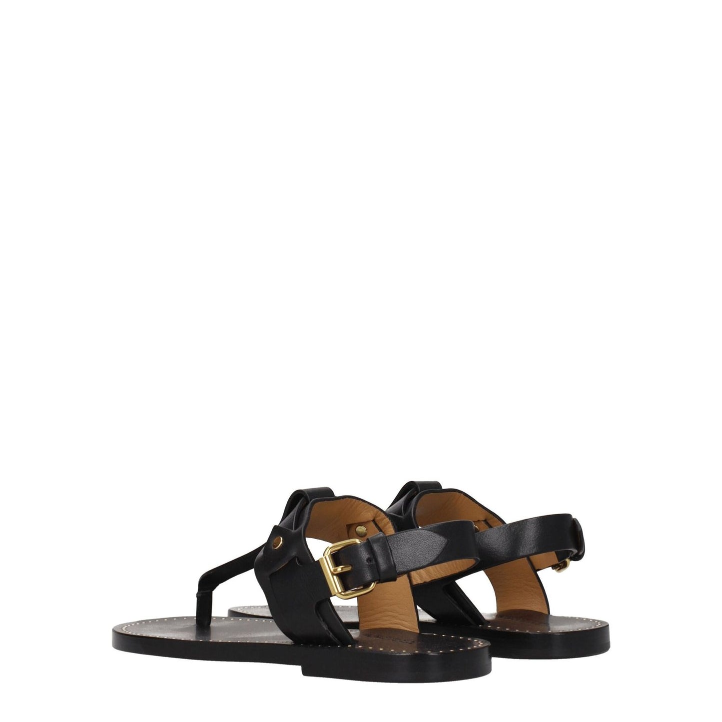 Isabel Marant Black Leather Flip-Flop Sandals with studs, buckle closure, and open toe. Casual style, low flat heel. Color: Black with gold.