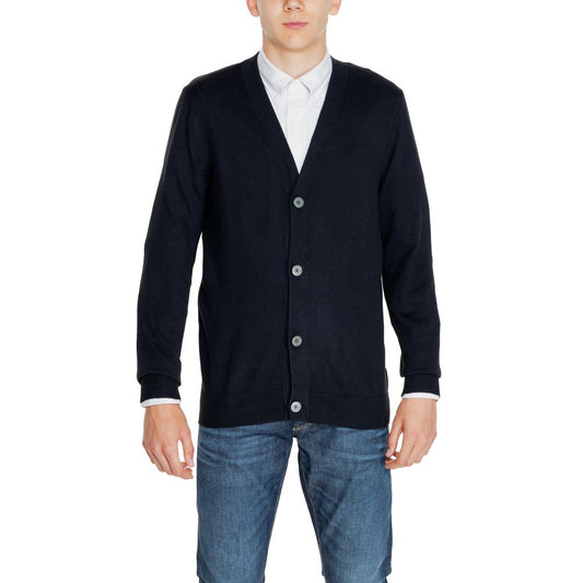 Man wearing Jack Jones Black Cotton Cardigan, V-neck, button-down, over white shirt and jeans