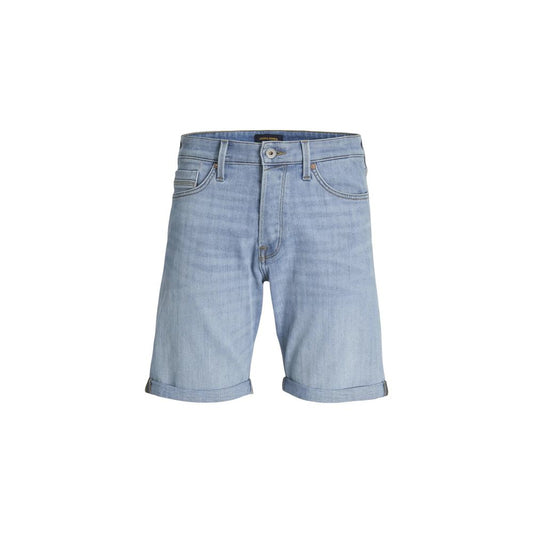 Jack Jones Light Blue Cotton Bermuda Shorts with rolled-up hem, straight cut, above-the-knee length, and soft, flexible fit.