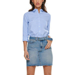 Woman wearing Jacqueline De Yong Blue Cotton Shirt with denim skirt