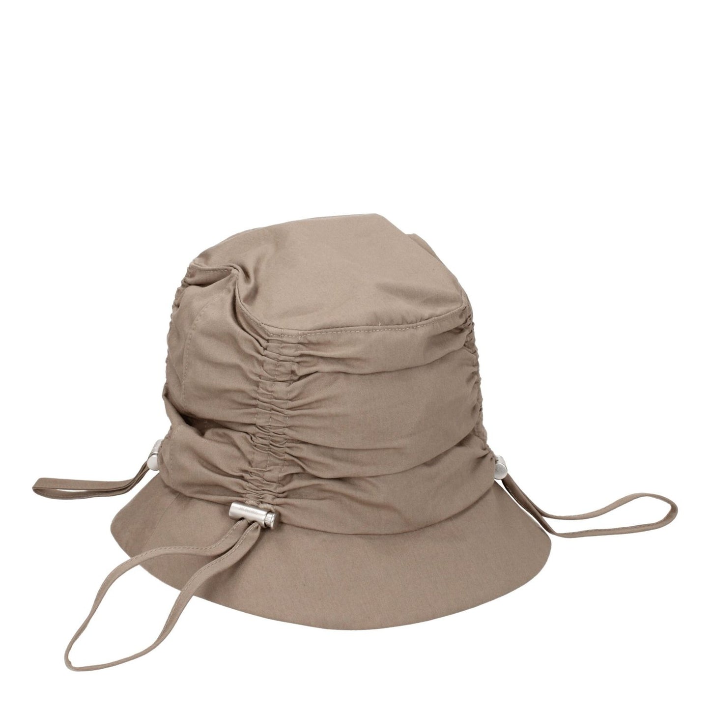 Jacquemus Beige Cotton Bucket Hat with silver details, front logo, and a casual style in a dark beige tone. Made of 75% cotton and 25% polyamide.