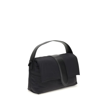Jacquemus Black Nylon Shoulder Bag with padded design and leather handle, showcasing modern style and practicality.