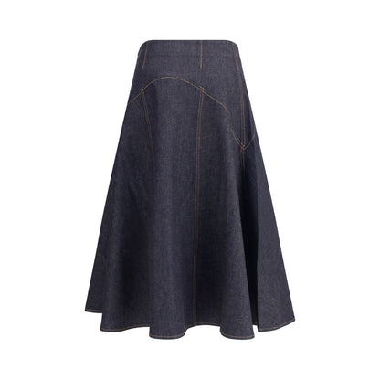 Jacquemus Blue Cotton Midi Skirt with contrast stitching and side zipper, AW25 collection, 100% cotton, featuring 'J' embroidery.