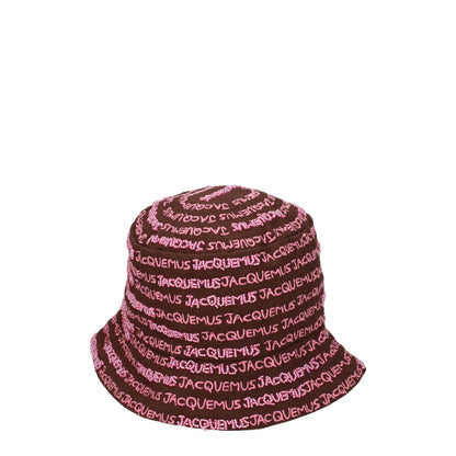 Jacquemus Brown Cotton Bucket Hat with pink logo beading, casual style, 100% cotton design. MPN: 235AC4515035850. Fashion accessory.