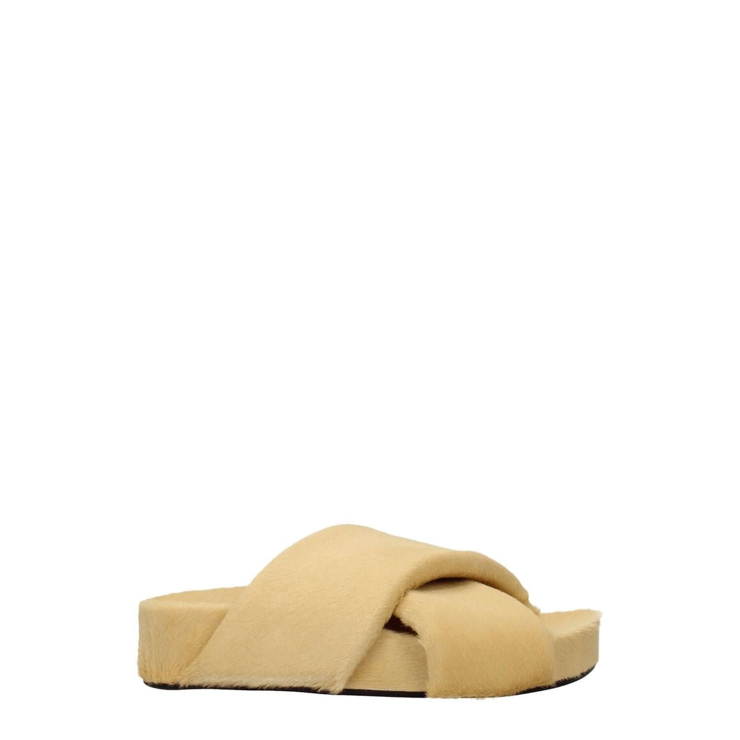 Jil Sander Beige Horsehair Slippers, casual open-toe pony skin design with vintage effect, low flat heel, and leather sole in champagne.