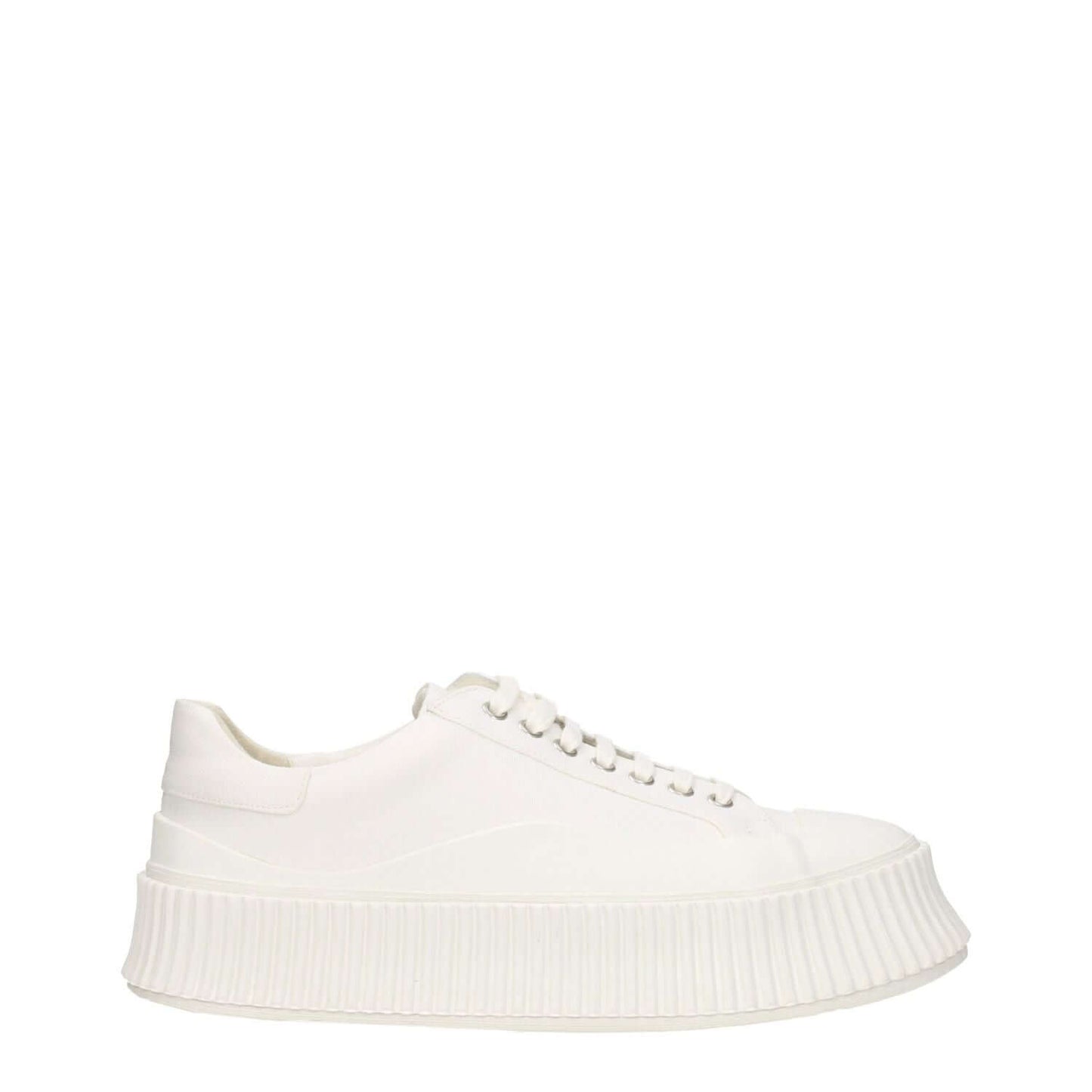 Jil Sander White Fabric Platform Sneakers with lace-up closure, wedge heel, and round toe design. Casual style with rubber sole, MPN JI32535B15612101.