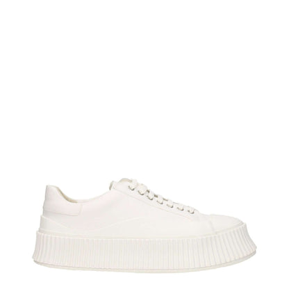 Jil Sander White Fabric Platform Sneakers with lace-up closure, wedge heel, and round toe design. Casual style with rubber sole, MPN JI32535B15612101.