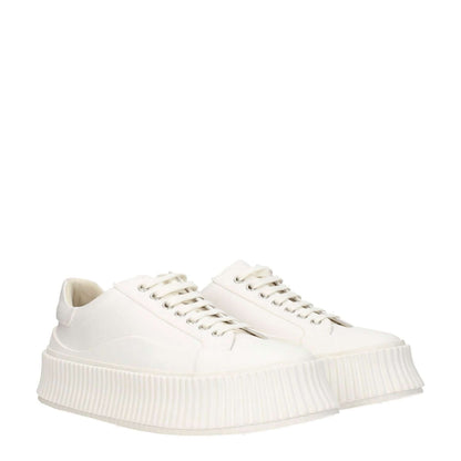 Jil Sander White Fabric Platform Sneakers with round toe and lace-up closure, featuring a rubber sole and 5 cm wedge heel.