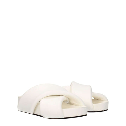 Jil Sander White Leather Slippers with open toe and mid heels, featuring a vintage effect and optic white leather finish, for casual style.