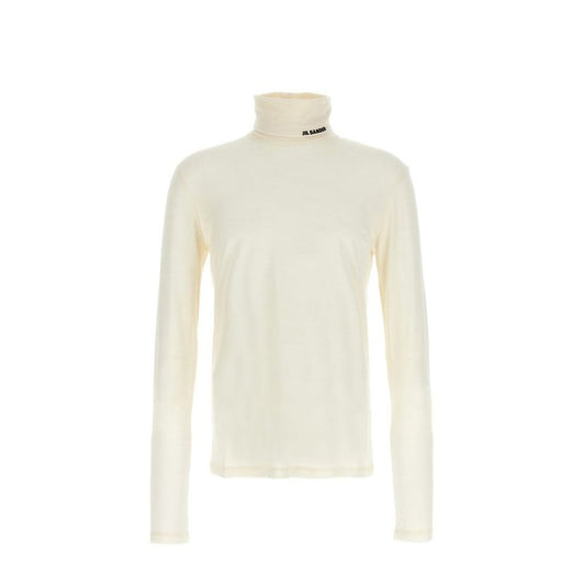 Jil Sander White Polyester Turtleneck for men with high neck and contrast logo, made of 55% polyester and 45% virgin wool. Size L/EU Regular fit.