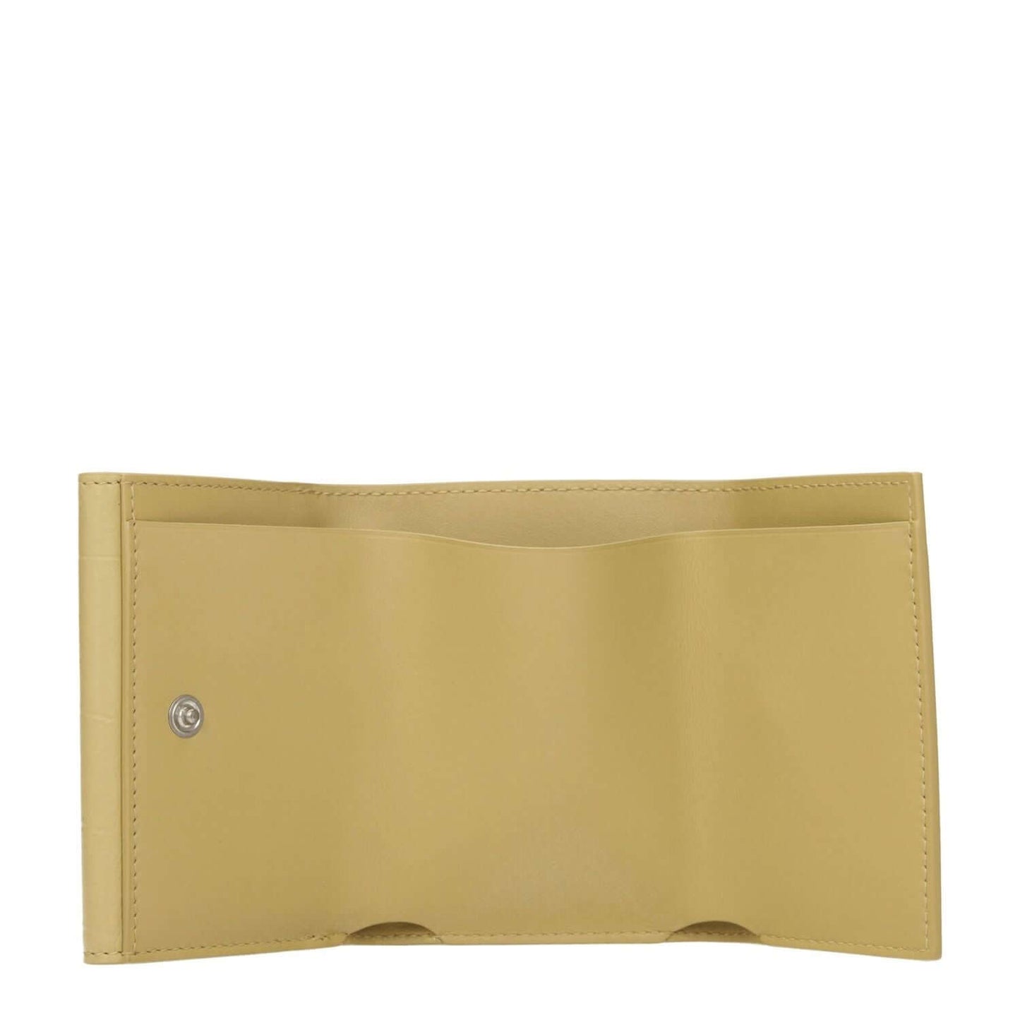 Open Jil Sander Yellow Leather Wallet with crocodile print, button closure, and card holder compartments, displaying the interior design.