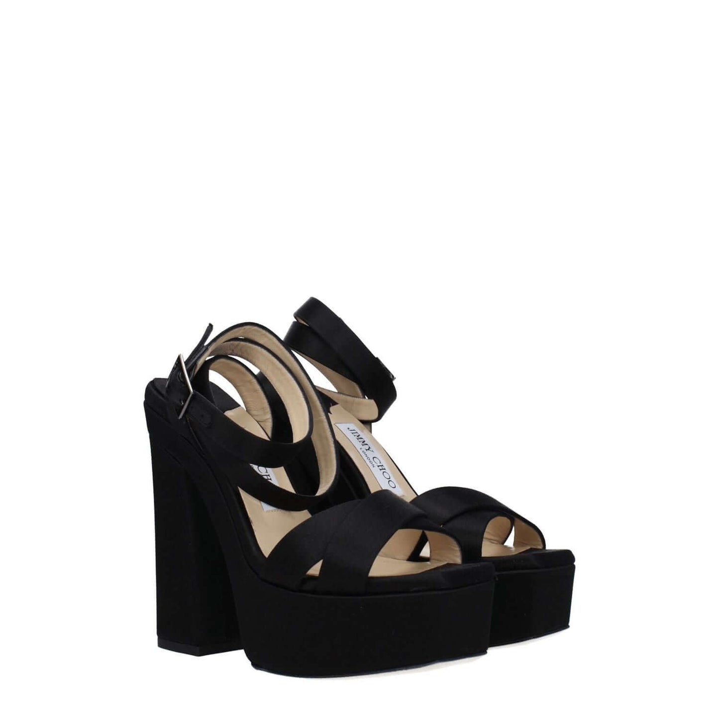 Jimmy Choo Black Satin Platform Sandals with high heel and buckle closure.