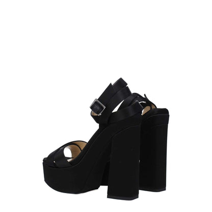 Jimmy Choo Black Satin Platform Sandals with high heels and buckle closure, featuring open toe design and leather sole.