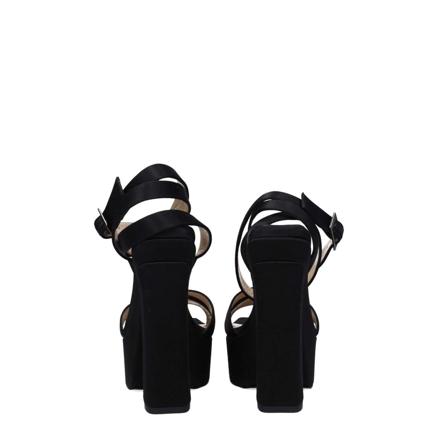 Rear view of Jimmy Choo Black Satin Platform Sandals with high heels and buckle closure.