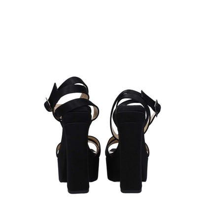Rear view of Jimmy Choo Black Satin Platform Sandals with high heels and buckle closure.