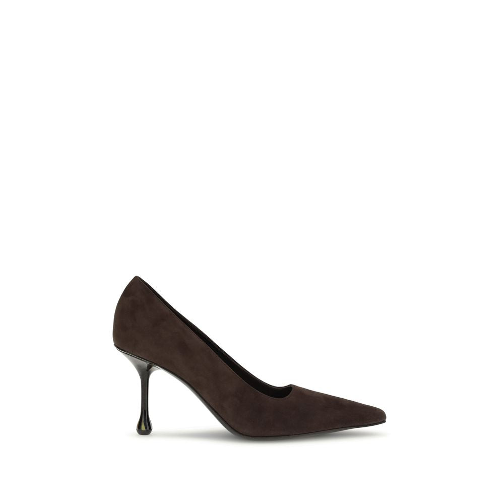 Jimmy Choo Brown Leather High Heel Pumps with pointed silhouette and drop heel for AW25 collection.