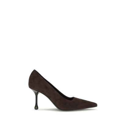 Jimmy Choo Brown Leather High Heel Pumps with pointed silhouette and drop heel for AW25 collection.