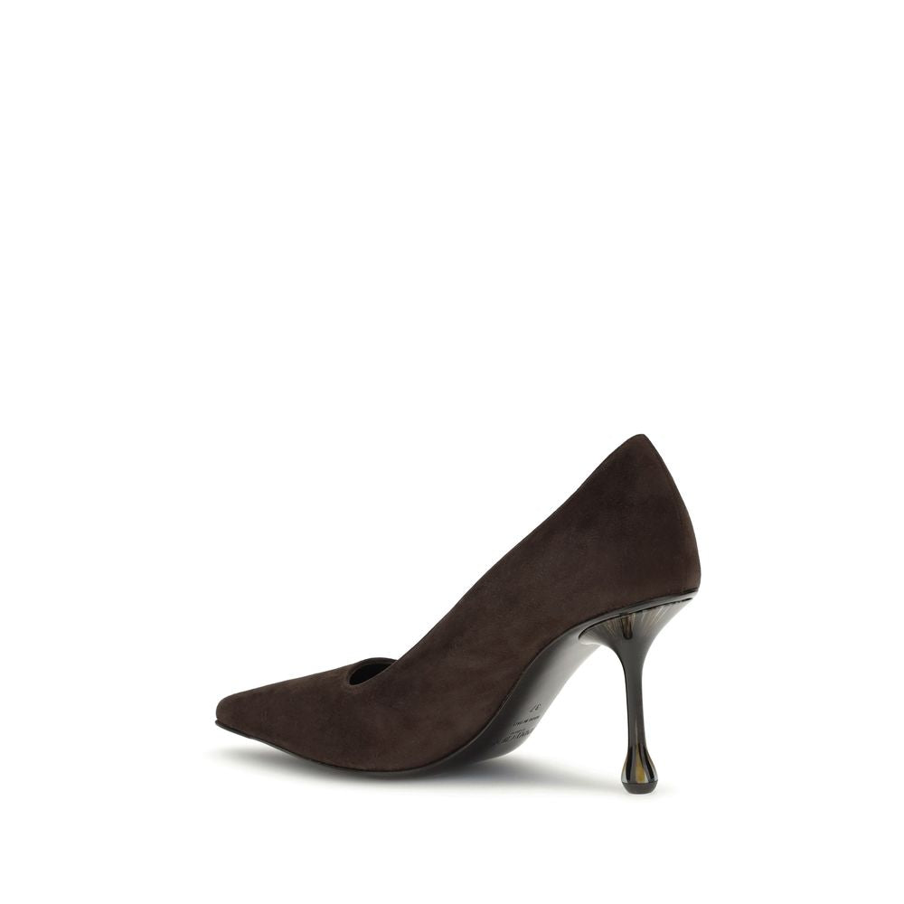 Jimmy Choo Brown Leather High Heel Pumps with pointed silhouette and drop heel, featuring quality leather and suede composition.