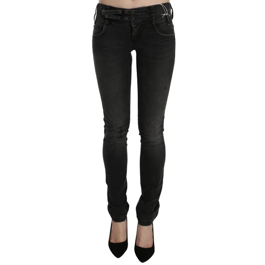 John Galliano Black Washed Low Waist Slim Fit Skinny Denim Pants Jeans front view showing details and craftsmanship.