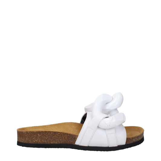 Jw Anderson White Leather Slippers with front detail, open toe design, low flat heel, rubber sole, and casual style.