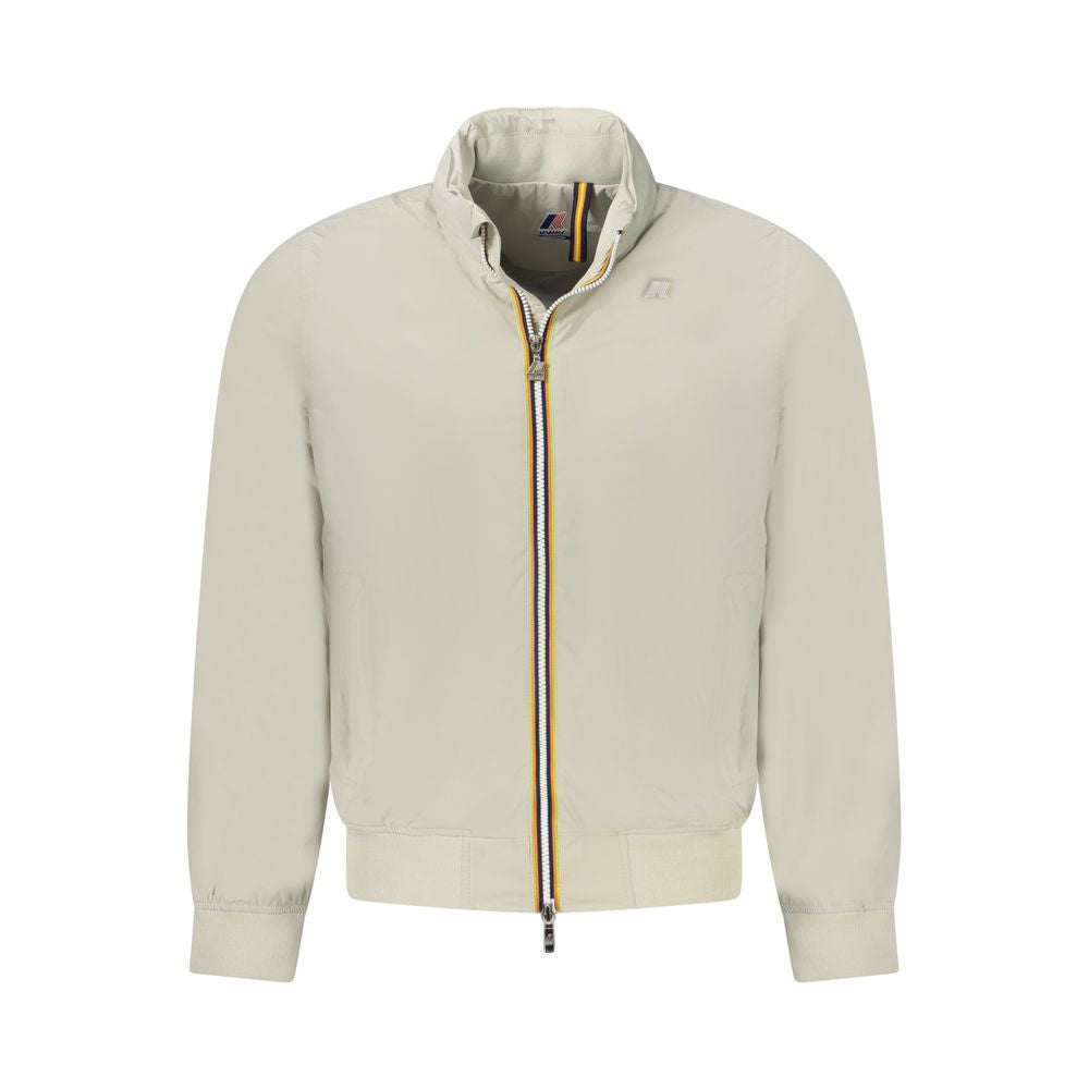 K-WAY Beige Nylon Men Jacket with zipper, removable hood, and pockets, featuring sleek design and waterproof material.