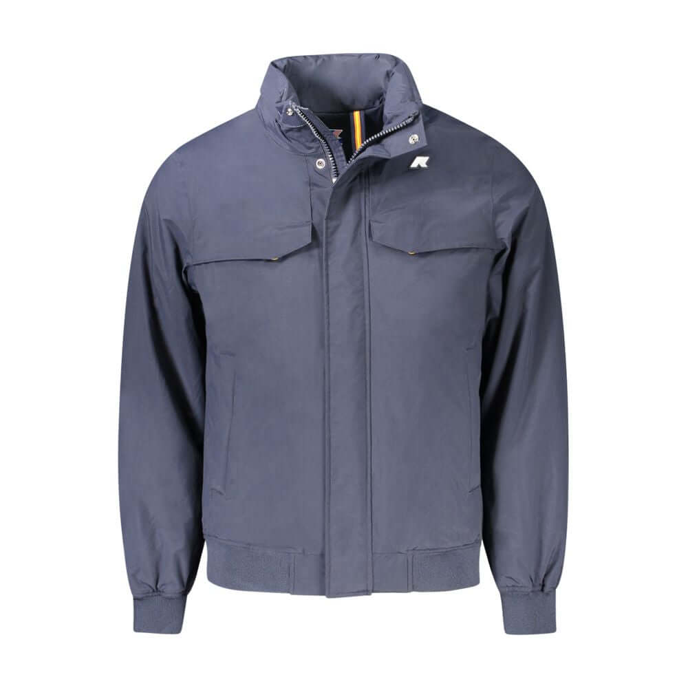 K-WAY Blue Polyamide Men Jacket with zip and button fastening, removable hood, five pockets, and iconic logo for a stylish look.