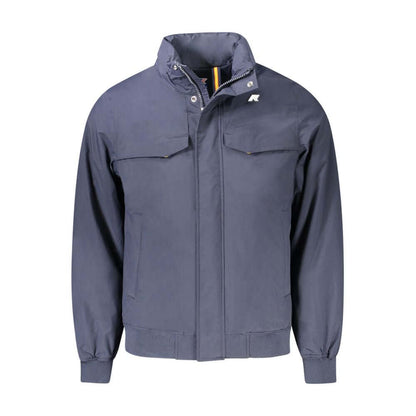 K-WAY Blue Polyamide Men Jacket with zip and button fastening, removable hood, five pockets, and iconic logo for a stylish look.