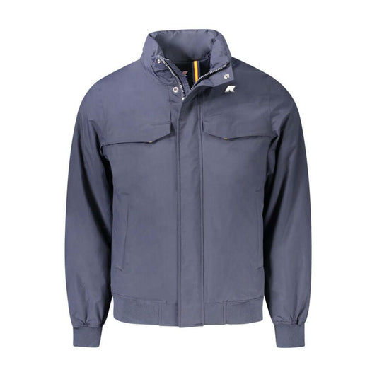 K-WAY Blue Polyamide Men Jacket with zip and button fastening, removable hood, five pockets, and iconic logo for a stylish look.