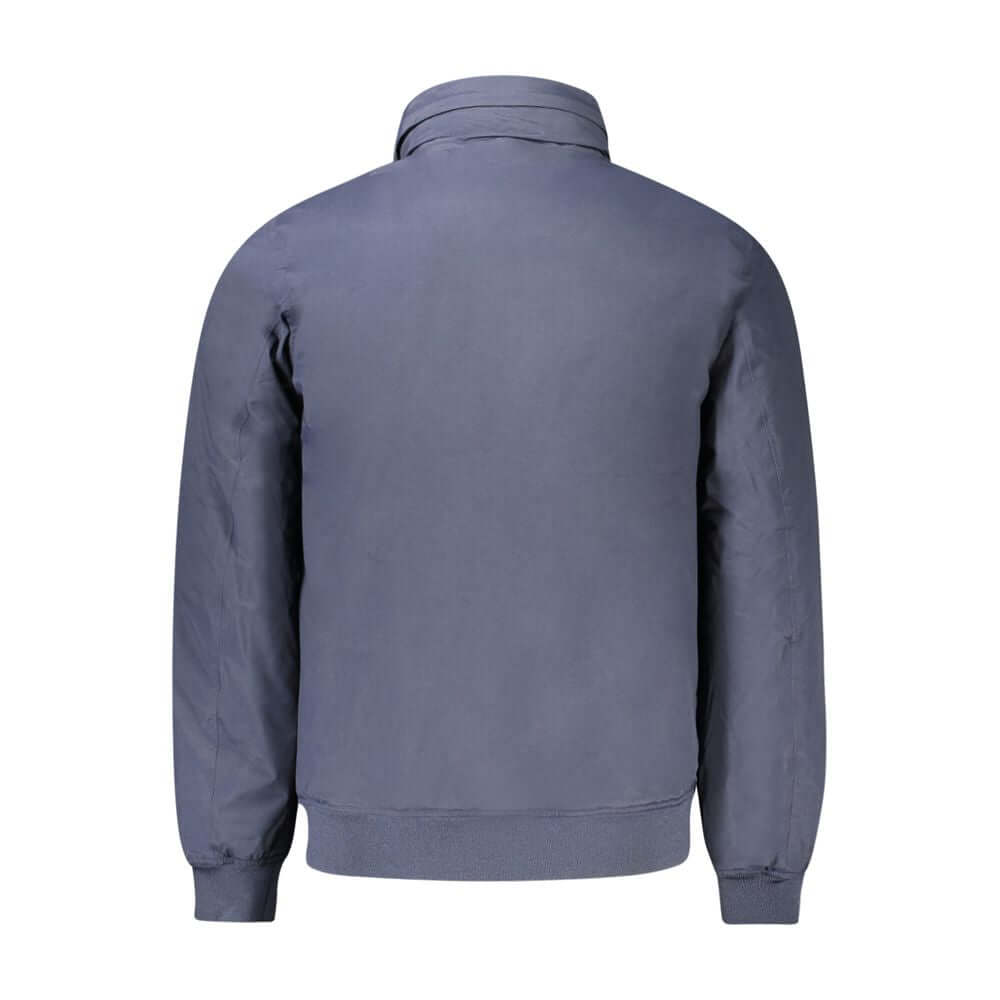 K-WAY Blue Polyamide Men Jacket back view, showcasing design and fabric, with removable hood and practical pockets, ideal for style and warmth.