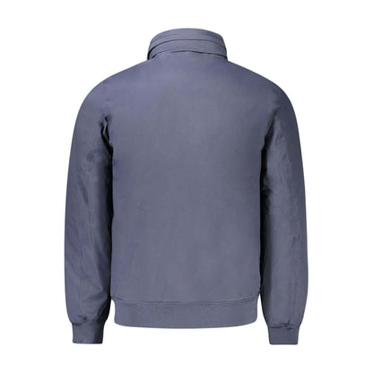 K-WAY Blue Polyamide Men Jacket back view, showcasing design and fabric, with removable hood and practical pockets, ideal for style and warmth.