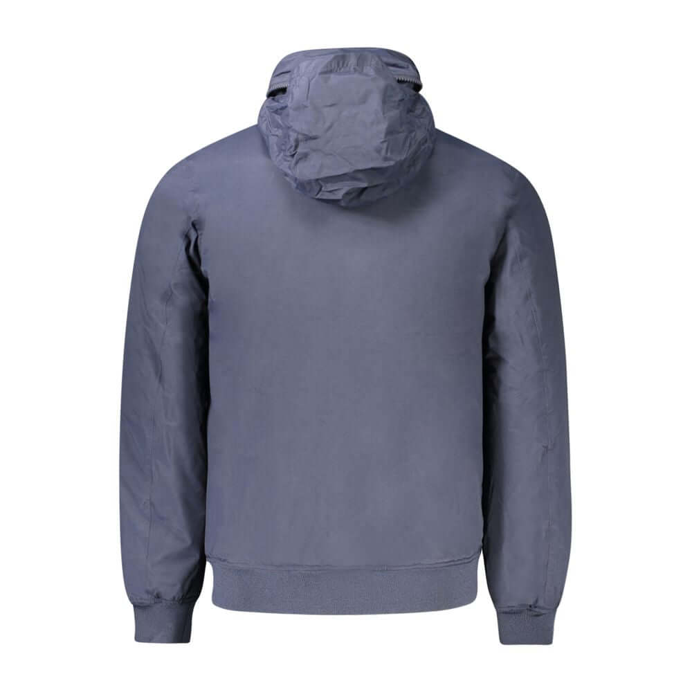 K-WAY Blue Polyamide Men Jacket with removable hood, padded for warmth, four external pockets, and iconic logo on display.