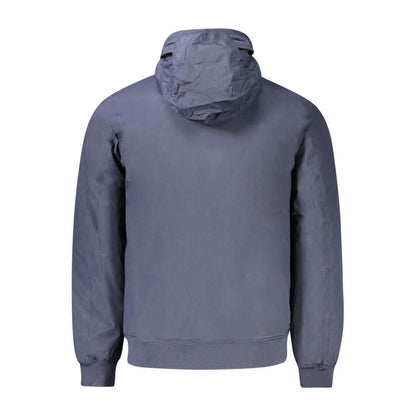 K-WAY Blue Polyamide Men Jacket with removable hood, padded for warmth, four external pockets, and iconic logo on display.