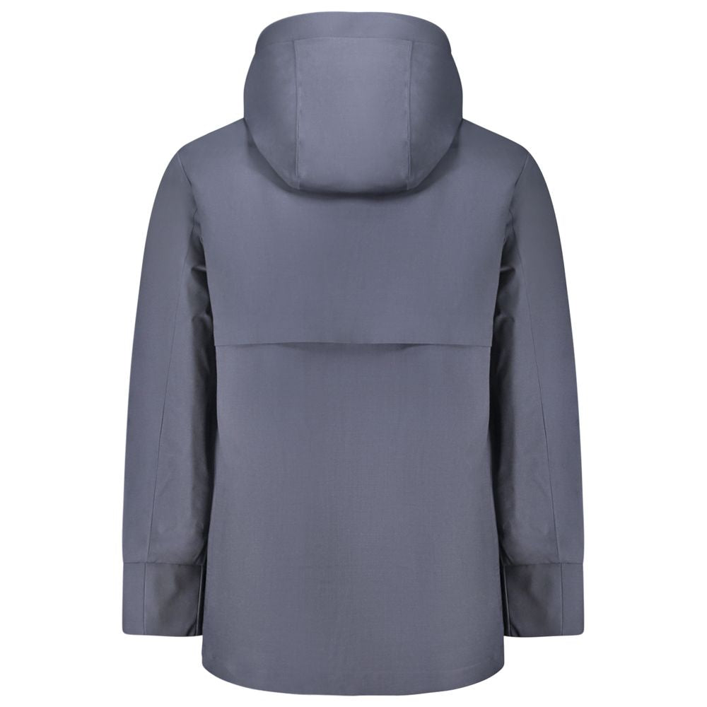 Back view of K-WAY Blue Wool Men Trench Coat with removable hood, highlighting sleek design and functional style.