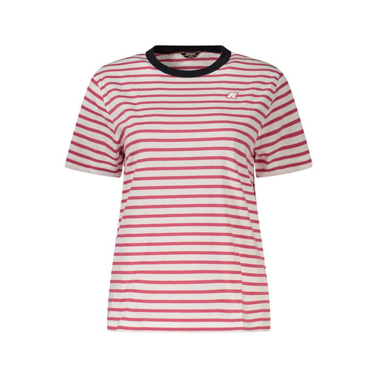 K-WAY Pink Cotton Women T-Shirt with stripes and K-WAY logo, bold crew neck, perfect for casual and statement-making style.