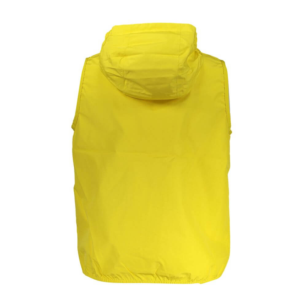 Back view of K-WAY Yellow Polyester Men Jacket with removable hood highlighting vibrant design and functionality.