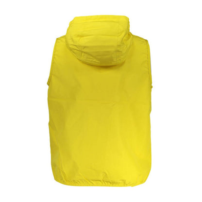 Back view of K-WAY Yellow Polyester Men Jacket with removable hood highlighting vibrant design and functionality.
