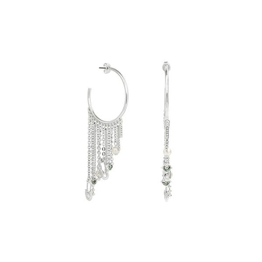 Silver hoop earrings with dangling chains from KARL LAGERFELD JEWELS JEWELRY Mod. 5420610 displayed against a white background.