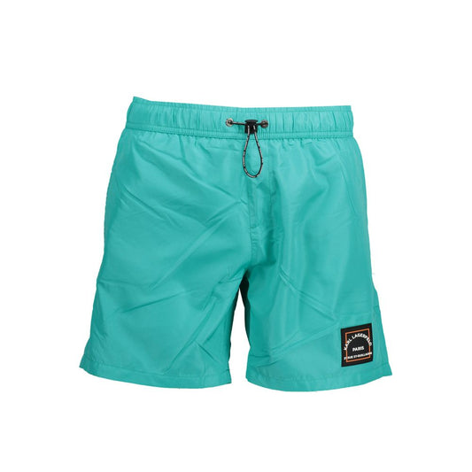 Karl Lagerfeld Green Polyester Swimwear with elastic waist, drawstring, and logo on turquoise swim boxer.