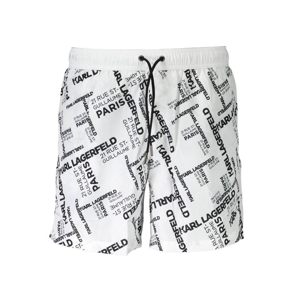 Karl Lagerfeld White Polyester Swimwear - Medium boxer with logo print, two pockets, back pocket, inside slip, and laces.