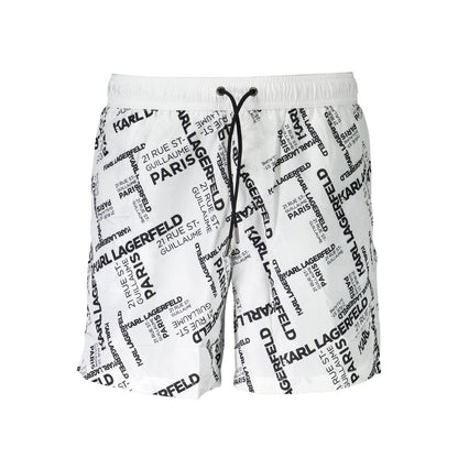 Karl Lagerfeld White Polyester Swimwear - Medium boxer with logo print, two pockets, back pocket, inside slip, and laces.