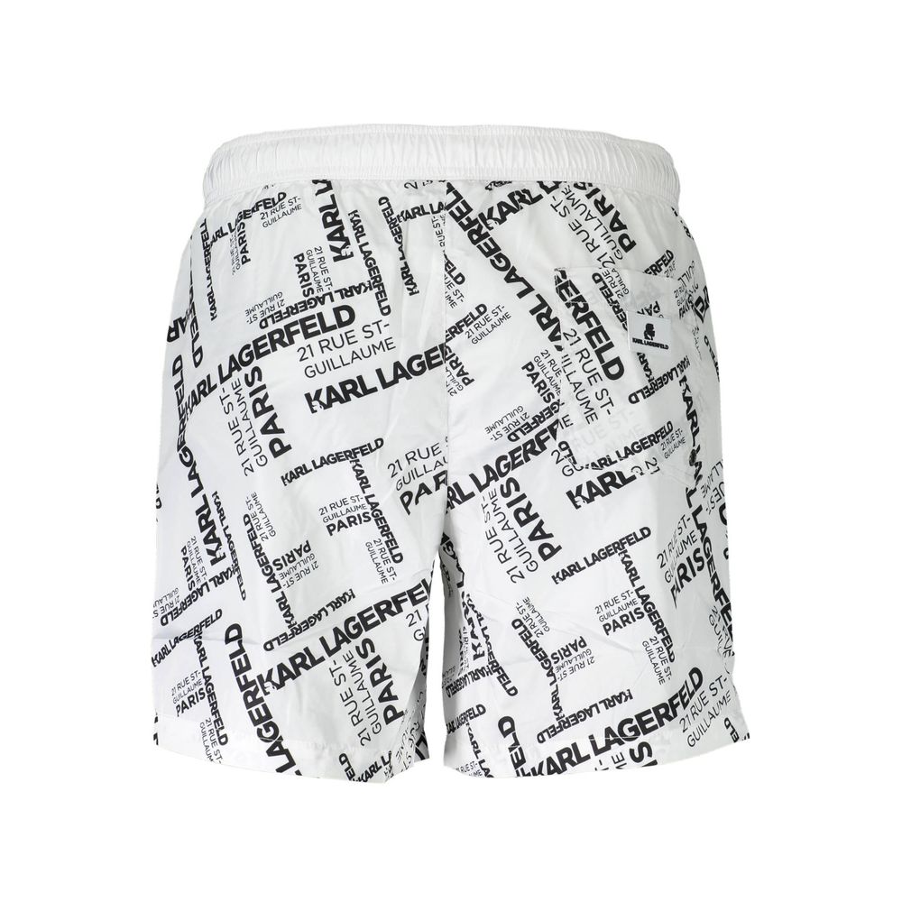 Karl Lagerfeld White Polyester Swimwear with logo pattern, medium swim boxer style, featuring 2 pockets, 1 back pocket, and laces.