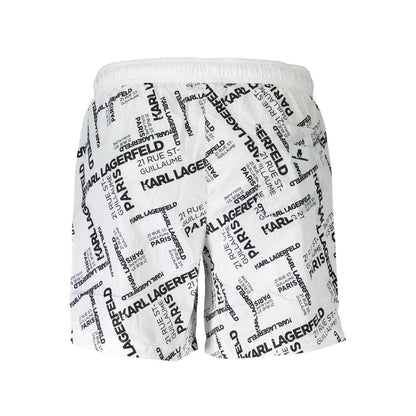 Karl Lagerfeld White Polyester Swimwear with logo pattern, medium swim boxer style, featuring 2 pockets, 1 back pocket, and laces.