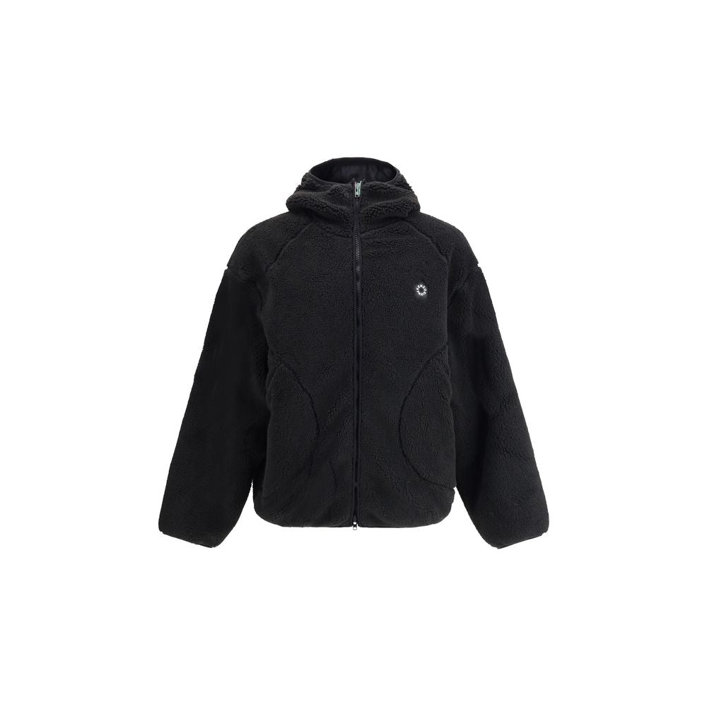 Kenzo Black Polyester Full-Length Jacket with hood and Boke Flower logo, featuring front zipper and practical pockets for urban style.
