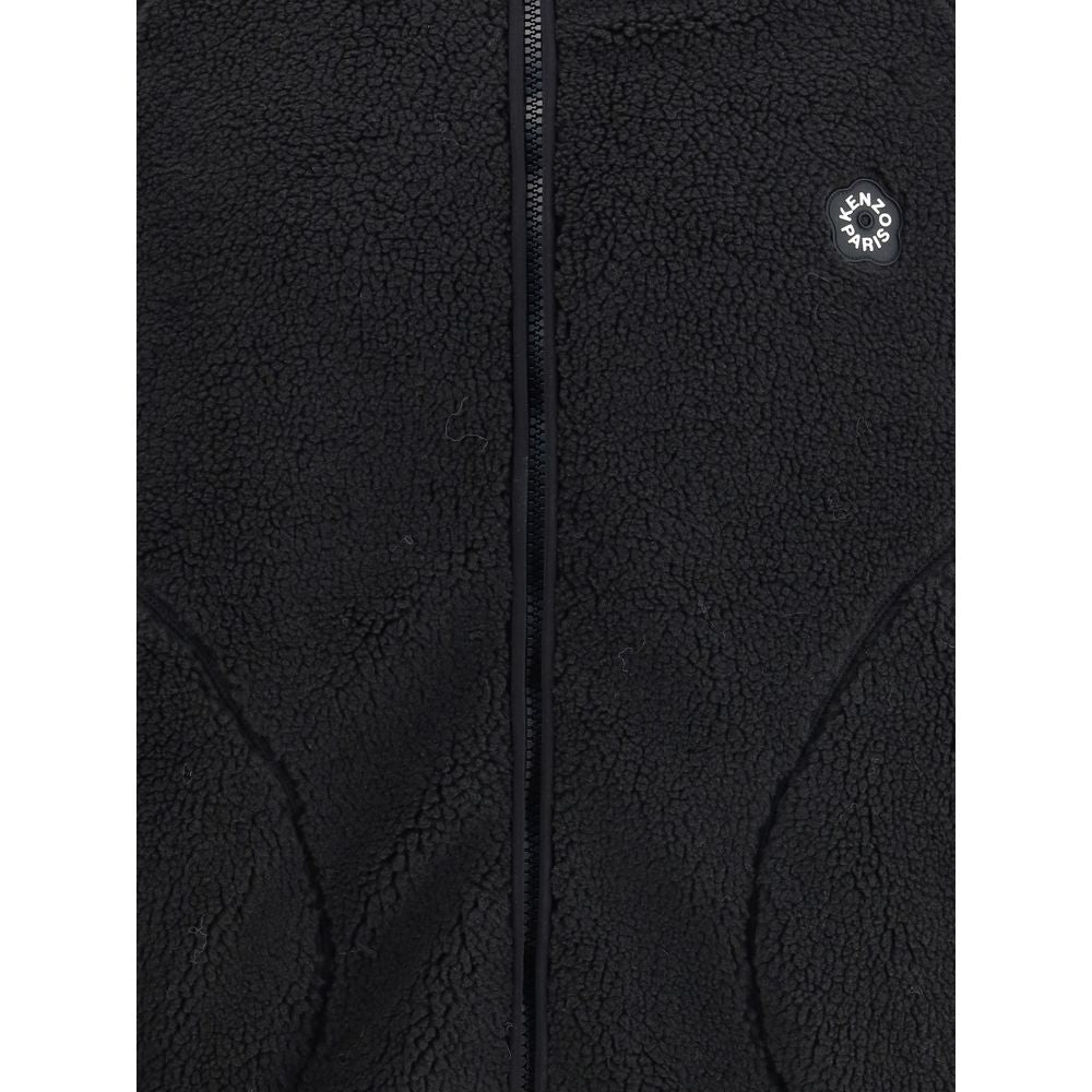 Kenzo Black Polyester Full-Length Jacket with Boke Flower design, soft fleece material, and applied logo on chest.