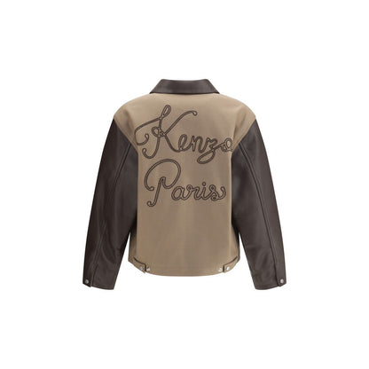 Kenzo Brown Leather Jacket featuring wool and leather design with embroidered logo and leather collar, AW25 collection, regular fit.