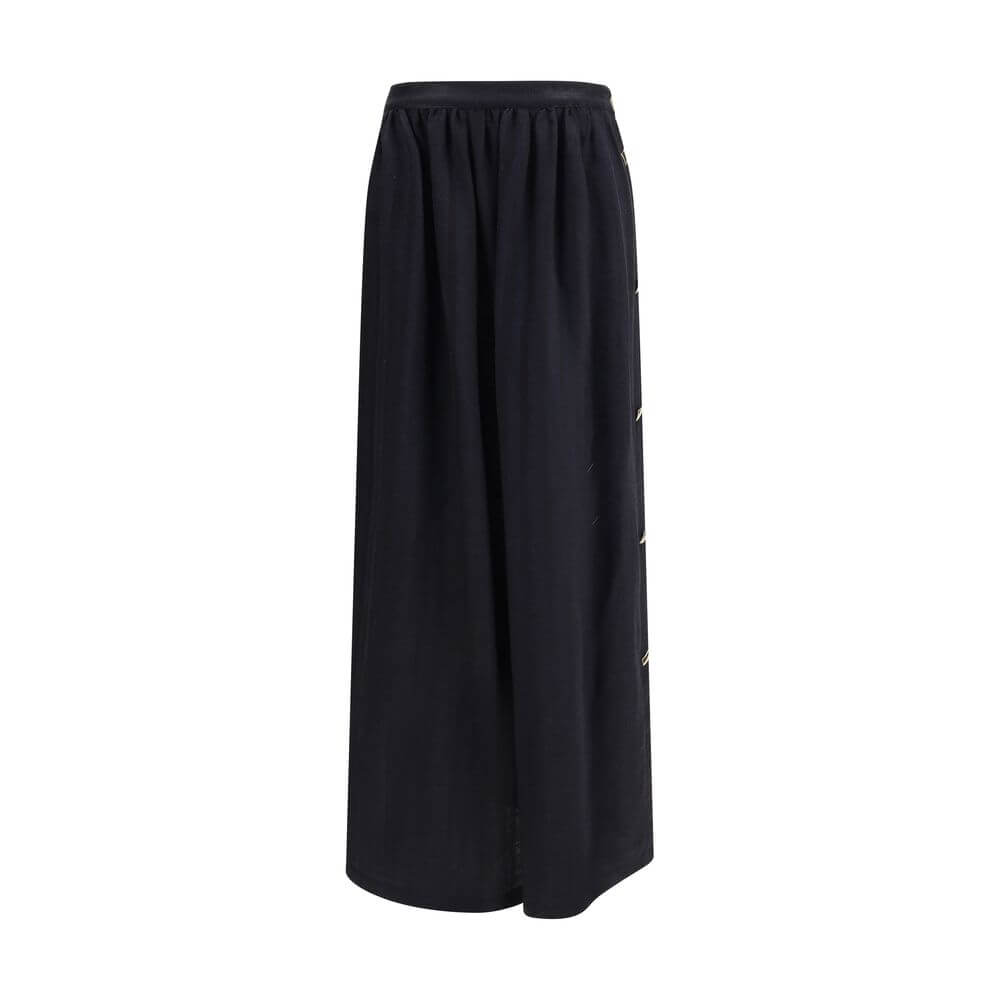 Kristina Ti Black Fleece Wool Long Skirt with golden geometric buttons on side closure, semi-wheeled design, elegant and timeless style.